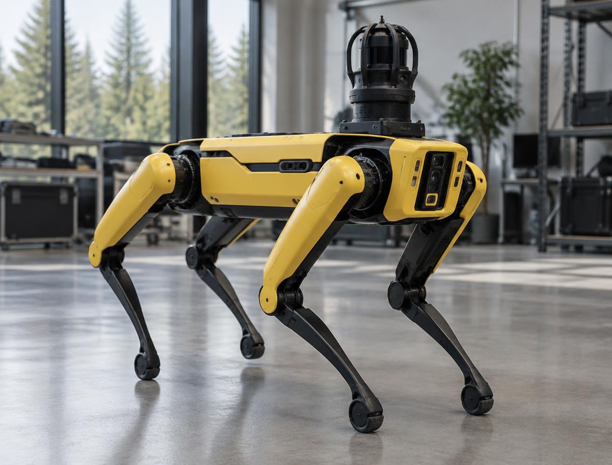 Illustration of a Spot-style quadruped robot in a laboratory